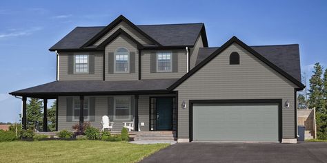 Grey House Exterior With Black Trim, Gray House With Dark Trim, Gray House With Gray Trim, Gray Exterior House Colors Farmhouse, Gray Siding With Black Trim, Dark Gray House With Black Trim, House With Dark Trim, Gray Houses With Black Trim, Gray House Black Trim