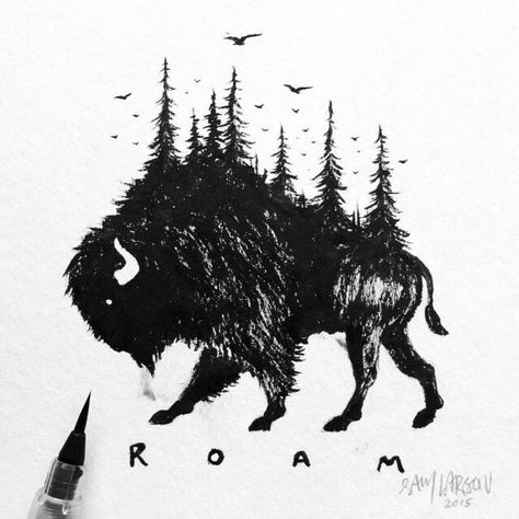 Cool Bison Tattoo, Sam Larson, Buffalo Tattoo, Bison Art, Bear Tattoos, Landscape Tattoo, Black And White Sketches, Animal Sketches, Pics Art