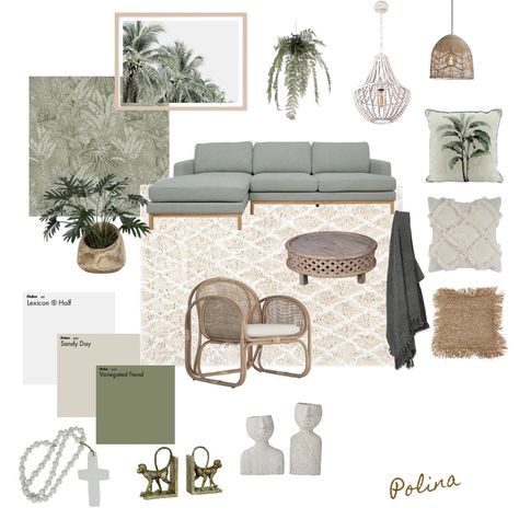 Tropical Boho Boho Tropical Decor Living Room, Sunroom Mood Board, Tropical Apartment Design, Green And Grey Mood Board, Tropical Oasis Living Room, Tropical Home Interior Design, Tropical Minimalist Interior, Tropical Interior Design Living Rooms, Tropical Boho Decor