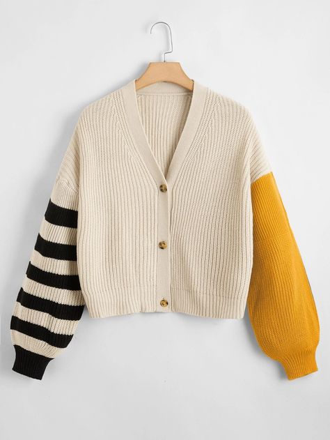 Plus Single Breasted Striped Sleeve Colorblock Cardigan | SHEIN USA Colorblock Cardigan, Gilet Crochet, Color Block Cardigan, Button Front Cardigan, Bishop Sleeve, Drawing Clothes, Striped Sleeve, Sleeve Cardigan, Knit Fashion