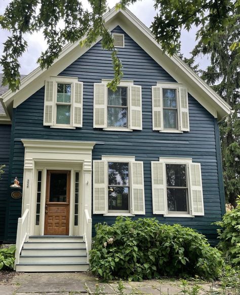 Blue House With Shutters, House With Shutters, Cottage Paint Colors, House Shutters, Cottage Painting, Blue Cottage, Blue House, Exterior Paint, Shutters