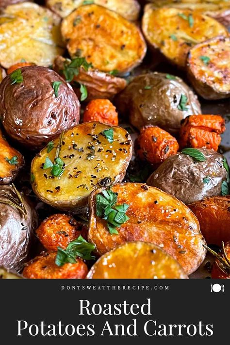 This crispy and tender roasted potatoes and carrots recipe is a perfect side dish for almost any weeknight or holiday meal. Multi Colored Potato Recipes, Roasted Potato And Carrots, Roasted Potatoes Carrots And Onions, Rainbow Potatoes, Roasted Carrots And Potatoes, Roasted Mini Potatoes, Vege Dishes, Vegetable Dishes Recipes, Honey Carrots