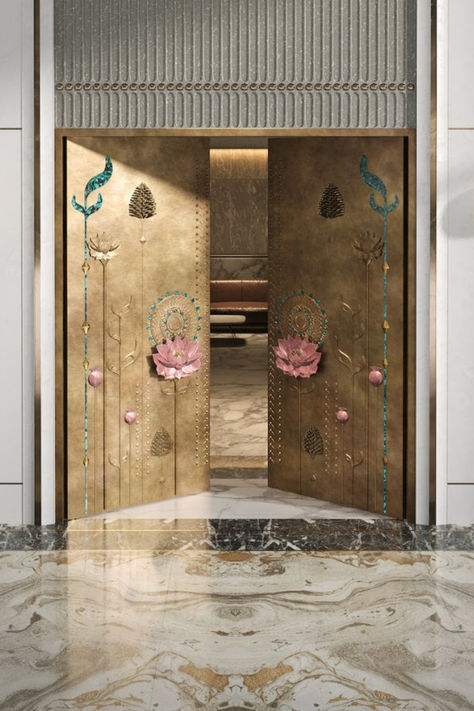 Door Entrance Aesthetic, Pooja Room Doors, Metal Front Doors, Exterior Entrance, Pooja Door Design, Unique Front Doors, Classic Home Furniture, House Main Door, Metal Front Door