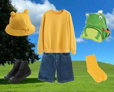 Dreamcore outfit, kidcore outfit, adventure time, Finn boy, kid style Yellowcore Outfits, Kidcore Fashion Men, Kidcore Outfit Boy, Dungarees Outfit Aesthetic, Childish Outfits, Dreamcore Outfits, Kid Core Outfits, Indie Kid Outfits, Kidcore Outfit