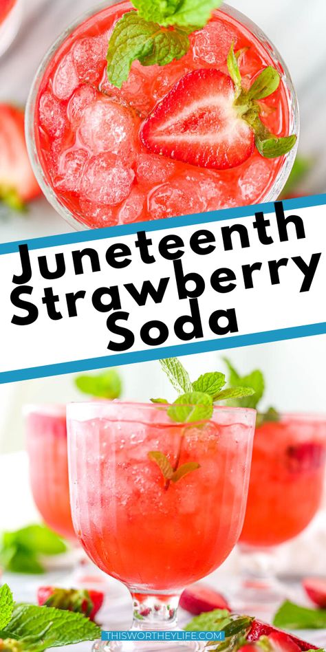 Strawberry Beverages Summer Drinks, Juneteenth Drink Ideas, Juneteenth Dessert Ideas, Strawberry Soda Drink, Juneteenth Celebration Ideas Food, Juneteenth Meals, Juneteenth Desserts, Juneteenth Party Ideas, Juneteenth Food Ideas