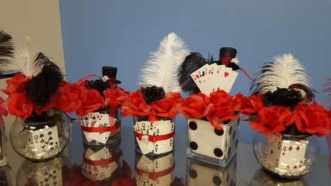 Casino Theme Centerpieces                                                                                                                                                                                 More Las Vegas Themed Centerpieces, Casino Party Centerpieces, Casino Christmas Party Centerpiece Ideas, Vegas Table Centerpieces, Casino Theme Centerpieces, Casino Royal Centerpieces, Casino Centerpieces Ideas, Casino Centerpieces, Casino Flower Centerpieces