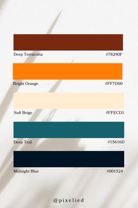 This earthy tones palette features Deep Terracotta, Bright Orange, Soft Beige, Deep Teal, and Midnight Blue. These colors blend to create a warm, natural, and visually striking combination, evoking a sense of rustic charm and natural beauty. Blue Green Orange Colour Palette, Burnt Orange Light Blue Color Palette, Blue Earth Tones, Rustic Orange Colour Palette, Muted Blue And Orange Color Palette, Earth Colour Palette, Teal Palette, Orange Color Combinations, Earth Tone Color Palette