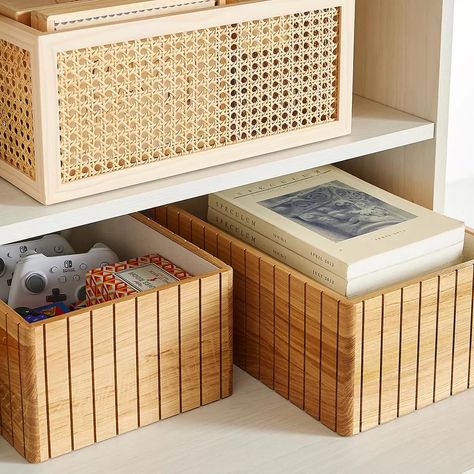 Mcm Storage, Clear Shoe Boxes, Interrior Design, Closet Storage Bins, Wooden Containers, Shelf Bins, Rattan Cane, Brown House, Decorative Storage Boxes