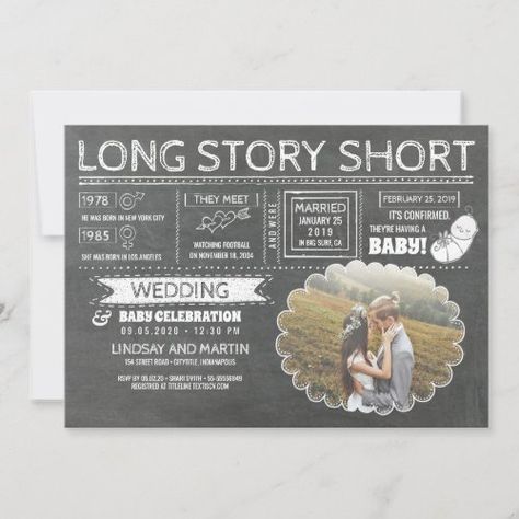 Long Story Short Wedding And Baby Celebration Save The Date #zazzle #weddinginvitations #birthdayinvitations #babyshowerinvitations #zazzleinvitations #monogram #businesscards #graduation #homedecor Funny Save The Dates, Chalkboard Drawings, Photo Save The Date, Funny Photo, Long Story Short, Save The Date Photos, Chalkboard Wedding, Photo Wedding Invitations, Long Story