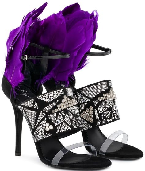 Plexi and Black Suede Talia Sandals With Violet Feathers and Crystals Feather Sandals, Studded Gladiator Sandals, Giuseppe Zanotti Heels, Purple Feather, Black Week, Giuseppe Zanotti Shoes, Party Heels, Evening Sandals, Gorgeous Shoes