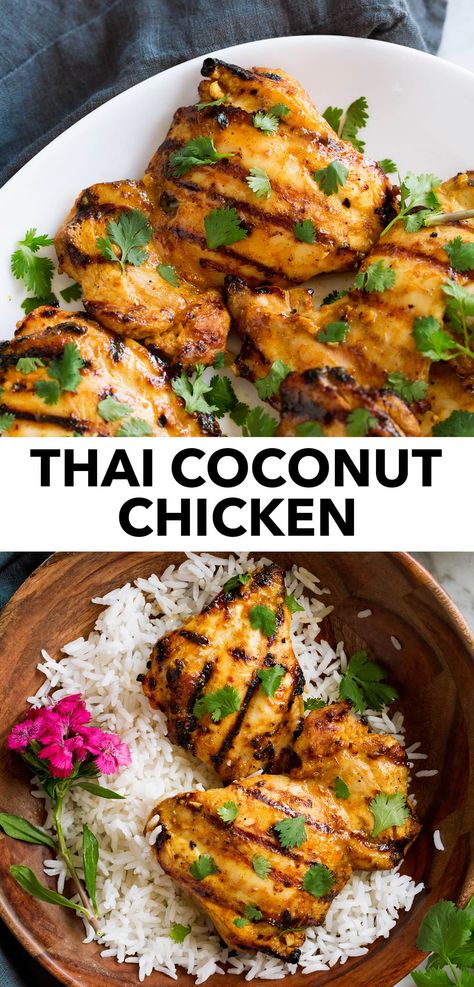 Thai Coconut Grilled Chicken - made with creamy coconut milk, vibrant fresh lime, a delicious blend of spices, a hint of sweetness, and Sambal Oeleck for a spicy exciting kick! #grilled #chicken #thai #recipe Thai Recipes With Chicken, Sweet Thai Chicken, Thai Meat Recipes, Recipes With Fresh Coconut, Summer Entrees Dinners, Grilling Recipes Foil Packets, Chicken Recipe With Coconut Milk, Thai Lunch Recipes, Coconut Marinated Chicken