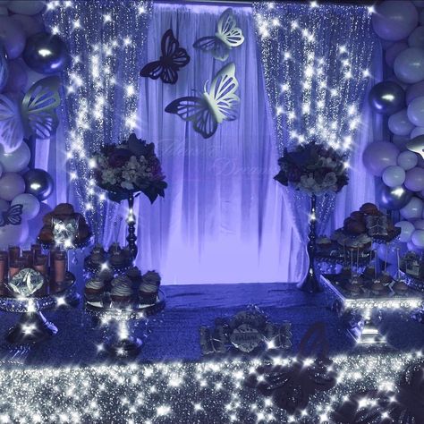 Butterfly Theme Debut Backdrop, Debut Butterfly Theme Ideas, Blue Butterfly Themed Sweet 16, Navy Blue Quince Main Table, Blue Butterfly Themed Birthday Party Backdrop, Sweet 16 Butterfly Theme Decorations, Sweet 15 Theme Ideas, Quince Decorations Butterfly, Irridescent Theme Party