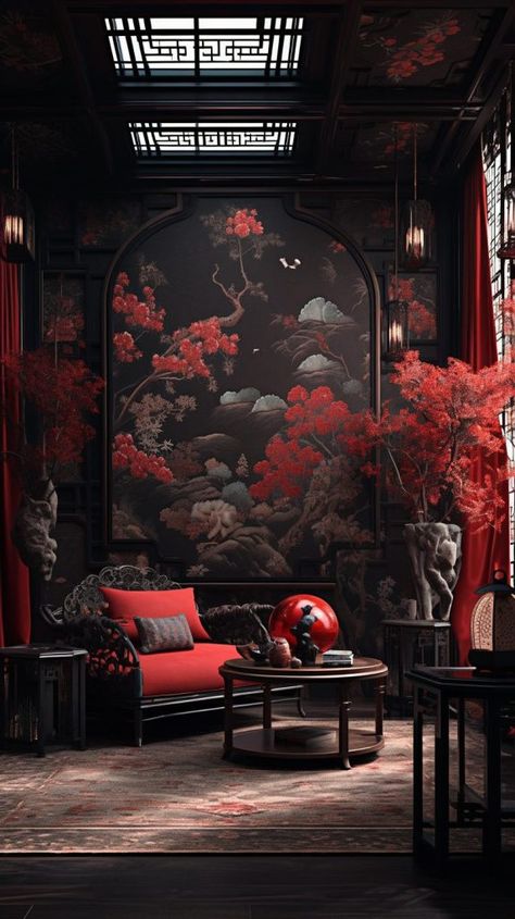 Chinese Home Interior, Modern Chinese Home, Dark Wood Accents, Dark Wood Living Room, Modern Chinese Interior, Traditional Chinese House, Chinese Interior Design, Chinese Style Interior, Asian Interior Design