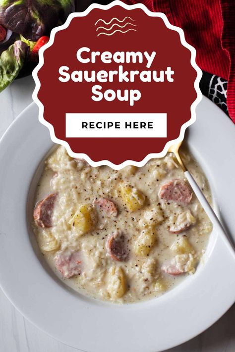 Creamy Sauerkraut Soup is an intriguing tangy hearty soup. With potatoes and smoky sausage your family will love this recipe. A nod to traditional polish kapusniak (sauerkraut soup) this is a creamy version thats satisfyingly rich in texture, filling, with a tangy bright flavor. Sausage Sauerkraut Soup, Sauerkraut Soup Recipes, Creamy Sauerkraut, Recipe For Sauerkraut, Potatoes And Sausage, Soup With Potatoes, Soup With Sausage, Sausage And Potatoes, Sauerkraut Soup