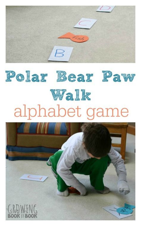 This alphabet game is full of learning and polar animal fun.  A perfect activity to get the kids moving from growingbookbybook.com #playfulpreschool Polar Bear Activities For Kids, Polar Bear Polar Bear Activities, Polar Animals Preschool Activities, Animals Preschool Activities, Polar Bear Unit, Polar Animals Preschool, Polar Bears Activities, Arctic Animals Preschool, Polar Bear Theme