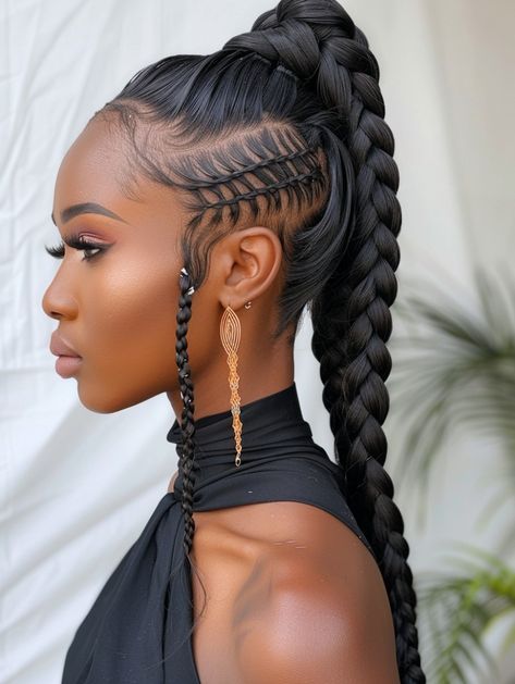 Introducing a braid to your high ponytail adds a touch of whimsy and sophistication, making it a fantastic option for weddings or formal occasions. This style is especially flattering for black women with long hair, as it showcases the texture and length. Long Braid Ponytail Hairstyles, High Pony Braid, Pony Tailed Hairstyle Black Women, Braided Up Ponytail, Ponytail With Braid, Sleek High Ponytail, High Ponytail Braid, High Ponytail Styles, Long Braided Ponytail