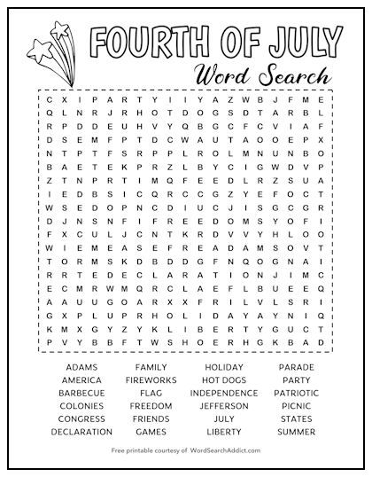 Our Fourth of July word search puzzle features 24 words and terms related to this popular holiday, including fireworks, hot dogs, patriotic, parade, and more. Great for both kids and adults. Download this FREE printable for you or your students today! 4th Of July Word Search Free Printable, 4th Of July Word Search, July Word Search, Patriotic Words, Word Search Puzzles Printables, Free Printable Word Searches, Nursing Home Activities, Saving Challenges, Summer Craft