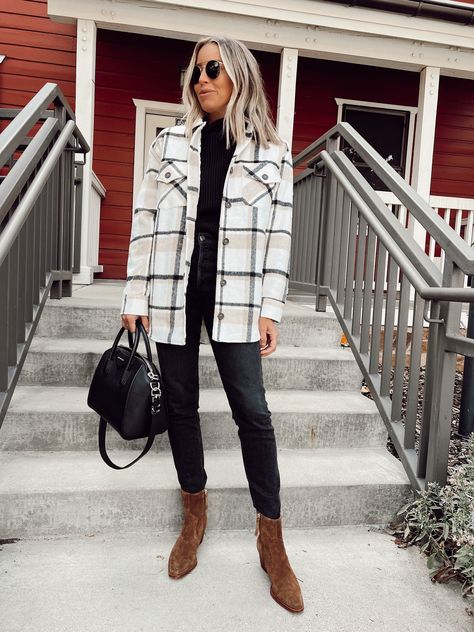 Plaid Flannel Shacket curated on LTK Shacket Outfit, Flannel Shacket, Plaid Shacket, White Flannel, Grey Flannel, Western Booties, Plaid Flannel Shirt, Work Outfits Women, White Plaid