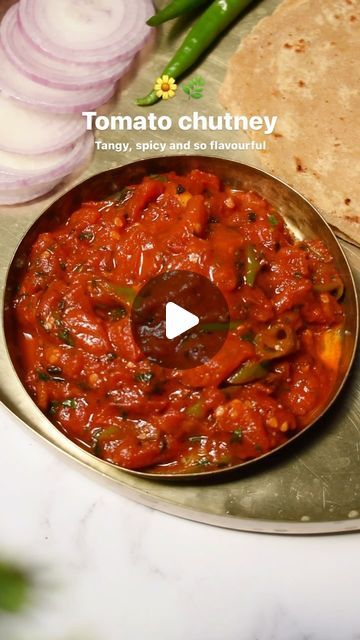 Neha 🥢 Food blogger on Instagram: "Tomato chutney 🍅  Red tomatoes, ghee, mustard seeds, green chilies, salt, red chili powder, jaggery or sugar, fenugreek leaves 🍃   Store in airtight container for 4-5 day!!  But it won’t stay that much as it’s so addictive 🙈  Enjoy it with some paratha, thepla, rice or as sandwich spread.  #tamatar #chutney #vegetarianrecipe #culinarychaser  [chutney, Indian recipe, condiments, viral tomato chutney]" Red Tomato Chutney Recipe, Tamatar Chutney, Garlic Meals, South Indian Tomato Chutney, Spicy Tomato Chutney, Garlic Chutney, Vegetarian Sides, Fenugreek Leaves, Indian Recipe