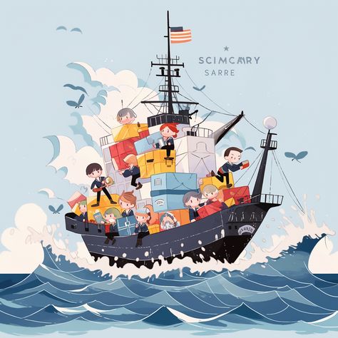 a team poster that highlights the collaborative crew members aboard a cargo ship amidst a turbulent sea. Each crew member should be depicted managing unique tasks illustrating teamwork dedication and resilience. --niji 5 --style cute #nft #AI #art #painting #nftartist #AIartgallery #DigitalArt #artwork #AIart #generativeart #GenerativeAI #artwork #artist #artistsofinstagram Teamwork Art, Turbulent Sea, Teamwork Poster, Team Poster, Cargo Ship, Aesthetic Pastel, Cargo Shipping, Crew Members, Aesthetic Pastel Wallpaper