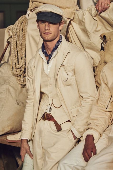 Polo Originals Ralph Lauren Regatta Collection 2023 007 Nautical Fashion Men, Khaki Pants Outfit Men, Khaki Pants Outfit, Pre Fall 2023, Ralph Lauren Menswear, Linen Men, Vintage Mens Fashion, Ralph Lauren Style, Summer Suits