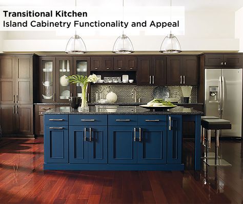 With end of island seating, an expansive countertop, drawers and base cabinet functionality, this kitchen island featuring Omega's Metro maple cabinets in Blue Lagoon is a necessity for any transitional kitchen and lifestyle. Find ease with entertaining. Dark Blue Kitchen Cabinets, Omega Cabinetry, Dark Blue Kitchens, Blue Kitchen Designs, Blue Kitchen Island, Dark Wood Cabinets, Blue Kitchen Cabinets, Kitchen Island With Seating, Blue Cabinets