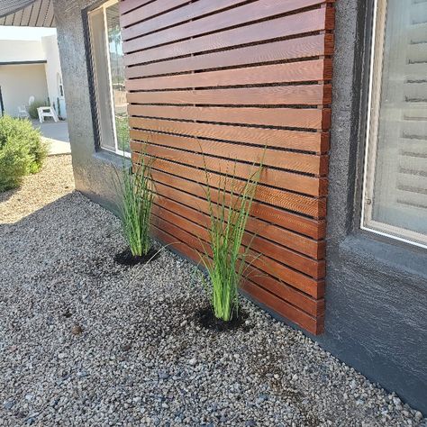 Wood exterior panel Wooden Accent Exterior, House Planters Outdoor, Cedar Planks On Exterior, Wood Exterior House Colors, White Black And Natural Wood House Exterior, Windowless Exterior Wall Ideas, Exterior House Stain Color Combinations, Exterior Slat Wall Ideas, Front House Wood Accents