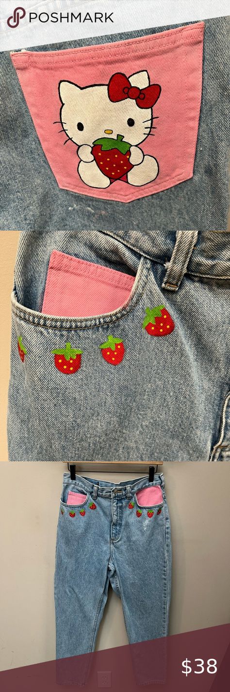 Vintage TH Jeans Painted Hello Kitty Strawberry Senior Jeans Painted Hello Kitty, Hello Kitty Pants Painted, Custom Painted Jeans Pants, Strawberry Painted Jeans, Cute Jean Painting Ideas, Hello Kitty Jeans Painting, Senior Jeans Hello Kitty, Painted Jeans Diy Ideas Y2k, Hello Kitty Senior Jeans