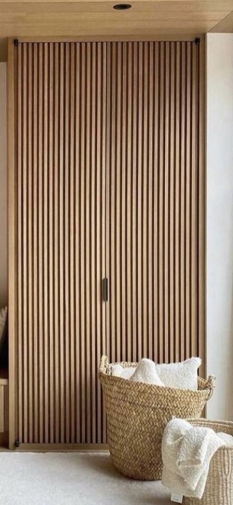 Tambour Door Closet, Slatted Door Wardrobe, Wooden Slat Wardrobe Doors, Slated Wood Closet Doors, Teak Closet Doors, Fluted Wood Wardrobe, Paneling Closet Doors, Slated Wood Cabinet Diy, Wood Panelling Wardrobe Doors