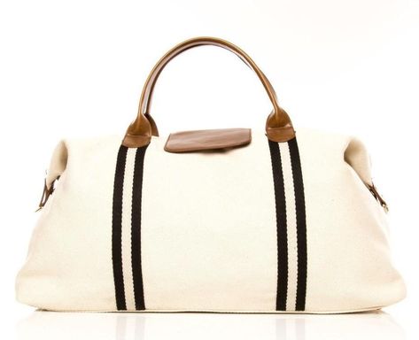 WHITE CANVAS STRIPED DUFFEL | STAG & MANOR Garmet Bag, Passenger Seat, White Canvas, Long Weekend, Online Bags, Duffel Bag, Weekender Bag, White Bag, Canvas Bag