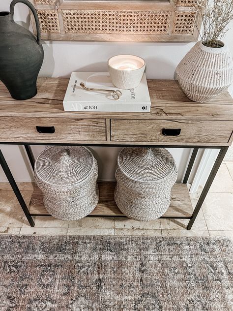 Neutral & functional entryway styling Target Mirror, Mirror And Console Table, Mirror And Console, Entryway Styling, Target Mirrors, Functional Entryway, Loloi Rug, Entryway Inspo, Entryway Style