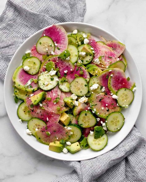 Watermelon Radish Recipe, Daikon Radish Recipes, Watermelon Radish Salad, Radish Recipe, Radish Cucumber, Sliced Watermelon, Corn Zucchini, Feta Recipe, Light Pasta