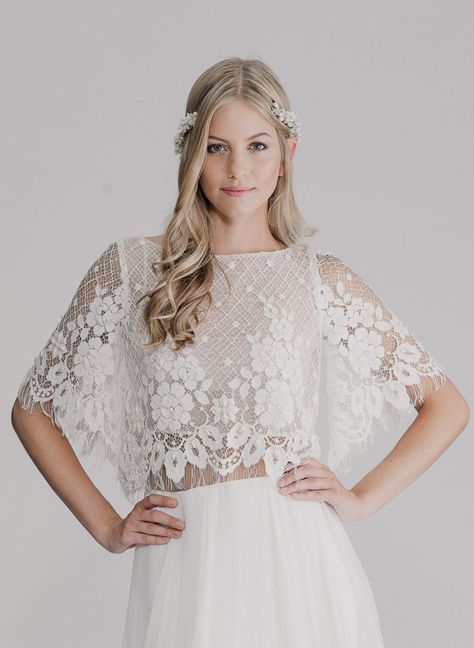 Lace crop top bridal overlay by Yoav Rish Lace Wedding Dress Sleeves, Draped Wedding Dress, Two Piece Wedding Dress, Lace Wedding Dress With Sleeves, Dress Sleeves, Wedding Dress Lace, Dress Idea, Boho Wedding Dress Lace, Flower Girl Dress Lace