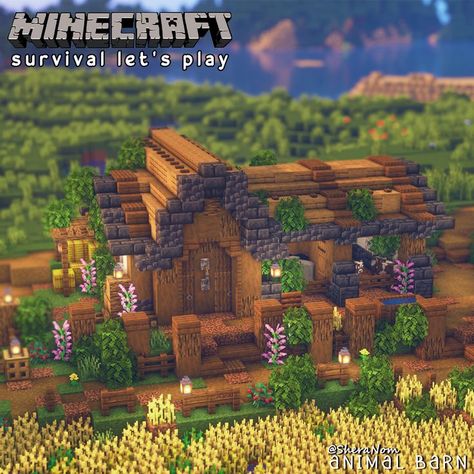 Minecraft Medieval Barn, Minecraft Beautiful House, Amazing Minecraft Builds, Minecraft Barn Ideas, Minecraft Beautiful, Minecraft Barn, Minecraft Dogs, Minecraft Starter House, Minecraft Building Ideas