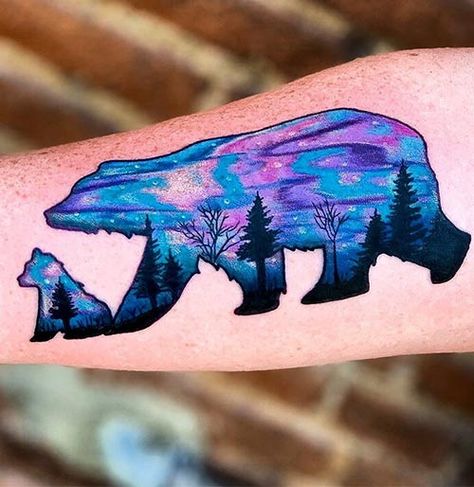 Bear Tattoo Alaskan Bear Tattoo, Mountain Tattoo With Bear, Native Bear Tattoos For Women, Momma Bear Tattoo For Women, Native Bear Tattoo, Wildlife Tattoo Ideas, Black Bear Tattoo Women, Mountain Bear Tattoo, Watercolor Bear Tattoo