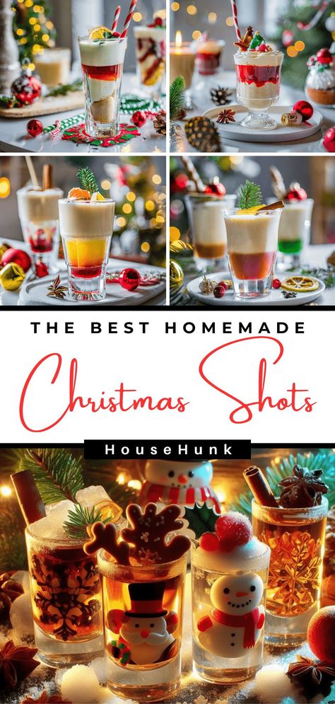 Cute Christmas Drinks Alcohol, Christmas Shooter Ideas, Xmas Shots Alcohol, Christmas Drink Presentation, Jell-o Shots Christmas, Xmas Shots Holiday Cocktails, Easy Christmas Shots Recipes, Christmas Party Signature Cocktail, Christmas Shot Recipes