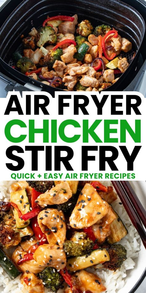 Air fryer chicken stir fry with vegetables in a black air fryer basket and served over rice on a white plate. Chicken Stir Fry Air Fryer Recipes, Chicken And Veggies Air Fryer, Air Fryer Stir Fry, Air Fryer Chicken And Veggies, Air Fryer Recipes Asian, Slow Cooker Pasta Recipes, Easy Air Fryer Recipes, Quick Stir Fry, Air Fryer Recipe