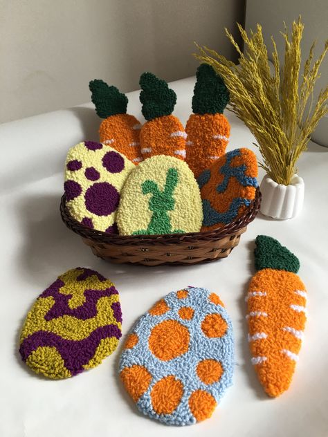 Easter Punch Needle, Tufting Coaster, Easter Punch, Rugs Tufting, Carrot Embroidery, Punch Coaster, Egg Mug, Rugs Ideas, Bunny Embroidery