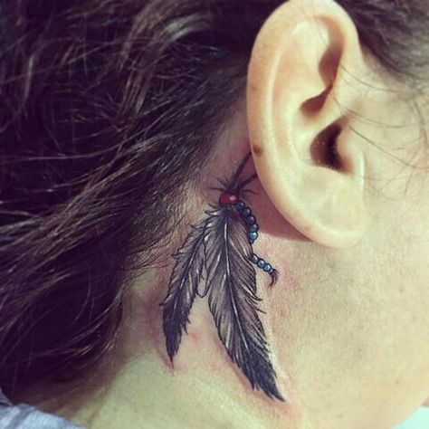 Tattoo Ideas Feather, Feather Tattoo Behind Ear, Inner Ear Tattoo, Behind Ear Tattoos, Super Tattoo, Native Tattoos, Ear Tattoos, Feather Tattoo Design, Indian Tattoo