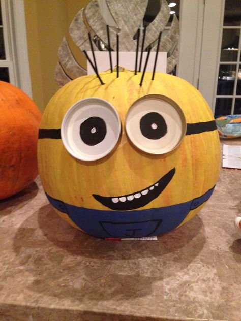 My minion pumpkin!  www.facebook.com/paintedbyrachel Pumpkin M&m Painting, M & M Painted Pumpkins, Minion Pumpkins Painting, Painted Pumpkins Minions, Doodle Bob Pumpkin Painting, Minion Pumpkin Carving, Pumpkin Carving Pictures, Minion Painting, Minion Pumpkin