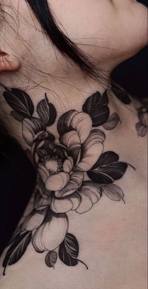 Neck Flower Tattoos Women, Neck Peony Tattoo, Cat Neck Tattoos Women, Peony Throat Tattoo, Peony Neck Tattoos Women, Peony Tattoo Neck, Neotrad Peony Tattoo, Flower On Neck Tattoo, Botanical Neck Tattoo