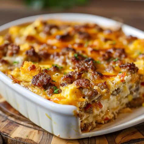 Breakfast Sausage Casserole Recipe - elianarecipes.com Breakfast Sausage Casserole, Potato Egg Casserole, Egg And Cheese Casserole, Sausage Egg Casserole, Sausage Casserole Recipes, Cream Cheese Breakfast, Biscuit Crust, Breakfast Casserole With Biscuits, Rolls Easy