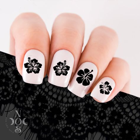 Tropical Floral Nails, Flower Decal Nails, White Vacation Nails, Summer Nails Black, Nail Art Tropical, Hibiscus Nail Art, Hawaiian Flower Nails, Tropical Nail Art, Paint Nails