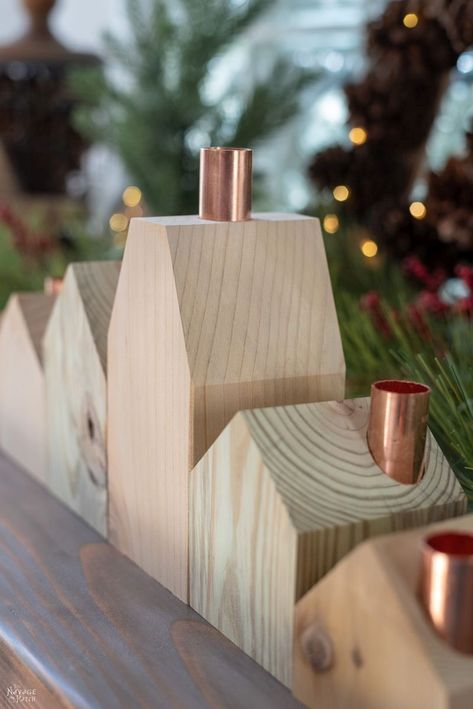 DIY Wood House Candle Holders | DIY Christmas village candle holders | Upcycled copper pipes | How to create a modern Christmas village | #TheNavagePatch #easydiy #Christmas #Upcycled #DIY #Holidaydecor #DIYChristmas #Christmascrafts # Christmasvillage #Christmaslights #DIYHomedecor #Holidays | TheNavagePatch.com Scrap Cedar Wood Diy Projects, Diy Wood House, Diy Wood Candles, Wood Candle Holders Diy, Diy Snowman Decorations, Tre Kunst, House Candle Holder, House Candle, Christmas Diy Wood