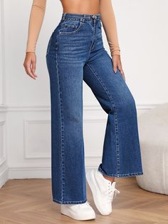 Bottom Jeans For Women, New Trendy Jeans For Women, Classic Jean Outfits For Women, Dark Wash Wide Leg Jeans, High Waisted Wide Leg Jeans Outfit, Denim Trousers Women, Jeans Trousers Women, High Waisted Jeans Outfit, Jean Trousers