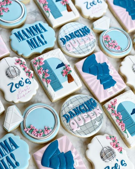 Mama Mia… Zoe is getting married!! 💕 | Instagram Mamma Mia Themed Food Ideas, Dancing Queen Cookies Decorated, Mama Mia Shes Getting Married, Mama Mia Birthday Theme Ideas, Mamma Mia First Birthday, Mama Mia Cookies Decorated, Momma Mia Party Ideas, Mama Mia Baby Shower Ideas, Mamma Mia Cookies Decorated