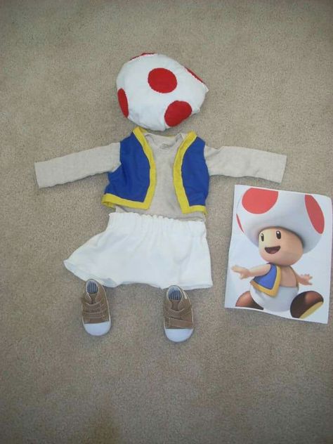 Toad baby costume Homemade Toad Costume, Toad Costume Baby, Baby Toad Costume Super Mario, Baby Toad Costume, Toad Costume Diy, Toad Costume Diy Women, Diy Toad Costume, Toad Halloween Costume, Toad Mario Costume