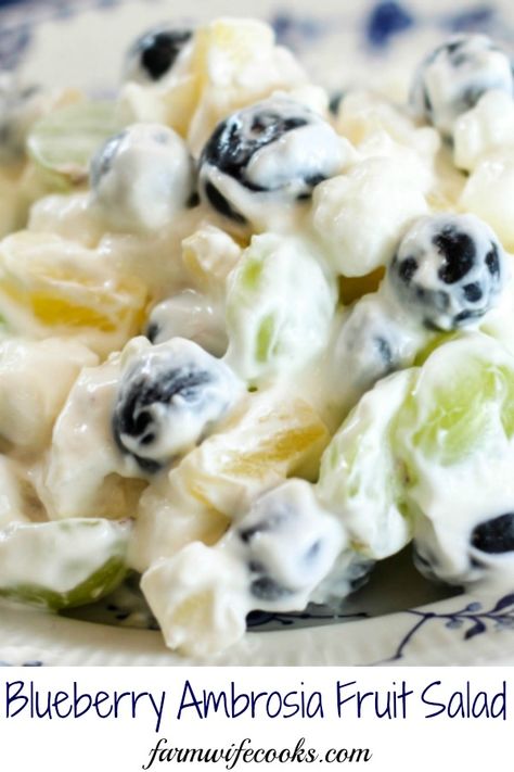 Blueberry Ambrosia Fruit Salad is a twist on the classic delicious Southern dessert recipe, filled with blueberries, marshmallows and a creamy dressing. #fruitsalad #dessertrecipe Potluck Salads, Fruit Deserts, Desert Salads, Sweet Salads, Cooktop Cove, Southern Recipes Desserts, Ambrosia Fruit Salad, Tasty Salads, Berry Fruit Salad