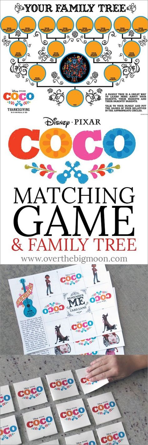 Disney Pixar Coco Matching Game, Family Tree and other kids printables and activities! From overthebigmoon.com! Printable Matching Game, Coco Movie, Coco Birthday, Coco Party, Pixar Coco, Disney Movie Night, Kids Printables, Girl Bday Party, Big Moon