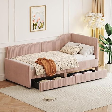 Amazon.com: Merax Twin Size Corduroy Daybed, Upholstered Day Bed Frame with 2 Large Storage Drawers, L-Shaped Sapce Saving Corner Sofabed for Kids, Teens & Adults, Wood Slat Support, Pink : Home & Kitchen Daybed Upholstered, Day Bed Frame, Futon Beds, Sofa Bed Frame, Rabbit Shape, Daybed With Storage, Upholstered Daybed, Twin Mattress Size, Corner Sofa Bed